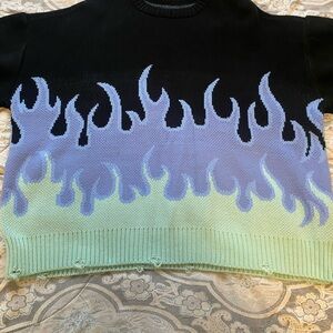 PacSun PULLOVER Black Sweater with Blue and Green Flames